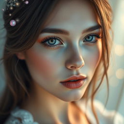 A highly detailed and artistic modification of a person's face, featuring smooth skin texture, vibrant eye color, and intricate makeup