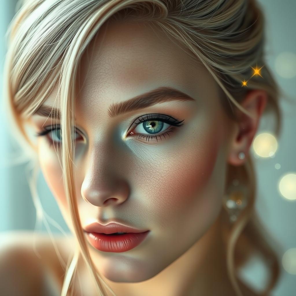 A highly detailed and artistic modification of a person's face, featuring smooth skin texture, vibrant eye color, and intricate makeup