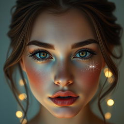 A highly detailed and artistic modification of a person's face, featuring smooth skin texture, vibrant eye color, and intricate makeup
