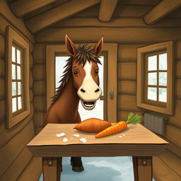 Inside a cozy wooden cabin during winter, a small brown horse is joyfully munching on a sweet potato placed on a rustic wooden table
