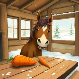 Inside a cozy wooden cabin during winter, a small brown horse is joyfully munching on a sweet potato placed on a rustic wooden table