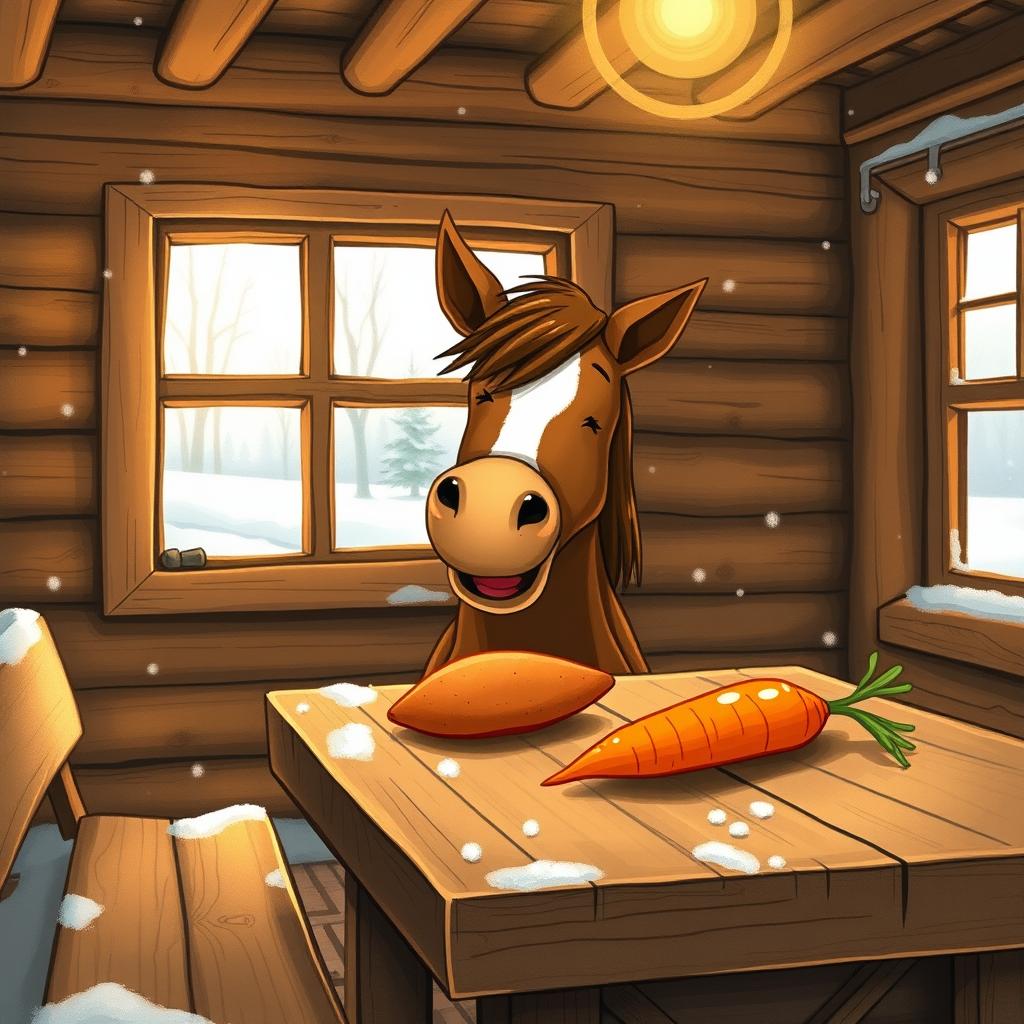 Inside a cozy wooden cabin during winter, a small brown horse is joyfully munching on a sweet potato placed on a rustic wooden table