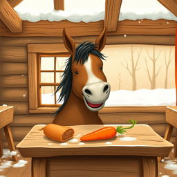 Inside a cozy wooden cabin during winter, a small brown horse is joyfully munching on a sweet potato placed on a rustic wooden table
