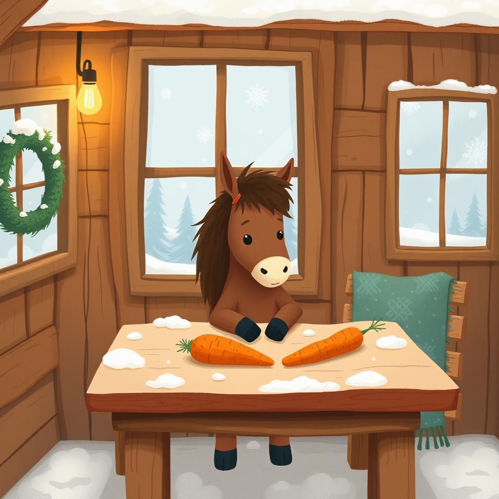 A charming winter scene inside a cozy wooden cabin where a small brown pony is sitting at a rustic table, happily eating a sweet potato