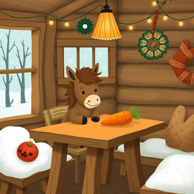 A charming winter scene inside a cozy wooden cabin where a small brown pony is sitting at a rustic table, happily eating a sweet potato