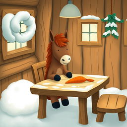 A charming winter scene inside a cozy wooden cabin where a small brown pony is sitting at a rustic table, happily eating a sweet potato