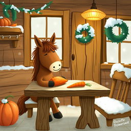 A charming winter scene inside a cozy wooden cabin where a small brown pony is sitting at a rustic table, happily eating a sweet potato