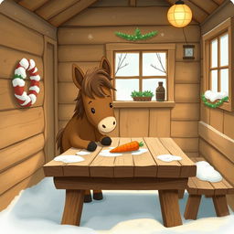 A charming winter scene inside a cozy wooden cabin where a small brown pony is placing a carrot on a rustic wooden table