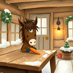A charming winter scene inside a cozy wooden cabin where a small brown pony is placing a carrot on a rustic wooden table