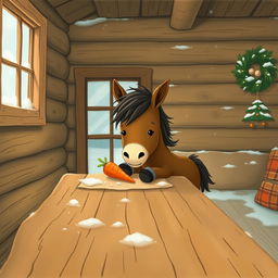 A charming winter scene inside a cozy wooden cabin where a small brown pony is placing a carrot on a rustic wooden table