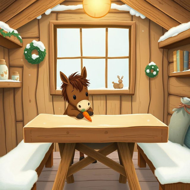 A charming winter scene inside a cozy wooden cabin where a small brown pony is placing a carrot on a rustic wooden table