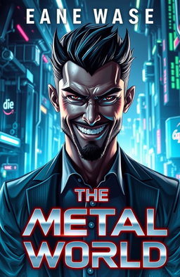 A futuristic book cover for 'The Metal World' featuring an intense and brooding man with a devilish smile, symbolizing the betrayer