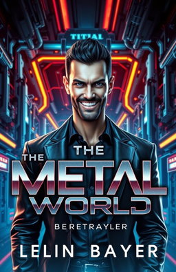 A futuristic book cover for 'The Metal World' featuring an intense and brooding man with a devilish smile, symbolizing the betrayer