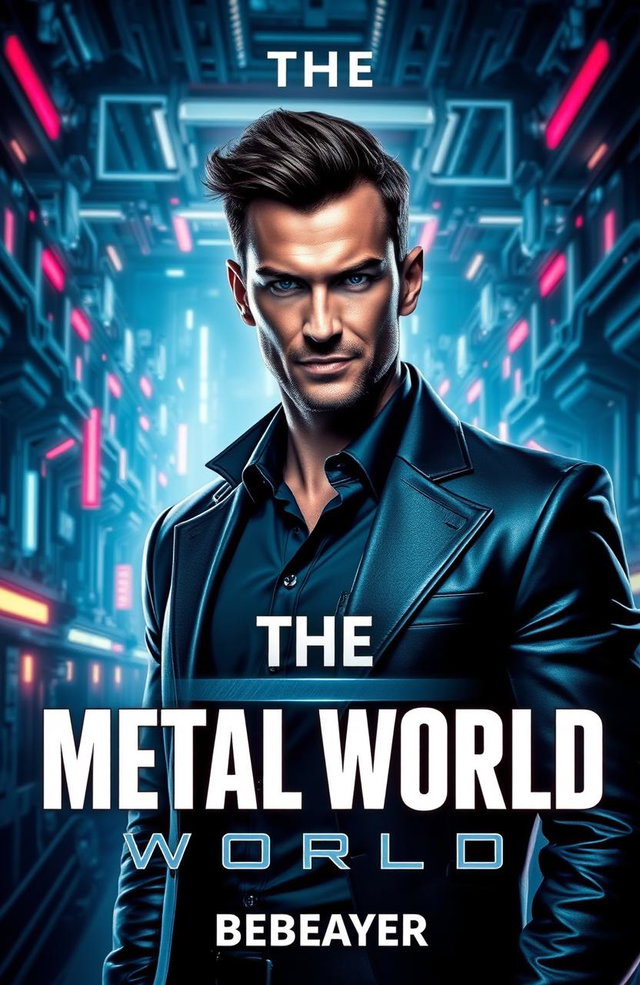 A futuristic book cover for 'The Metal World' featuring an intense and brooding man with a devilish smile, symbolizing the betrayer