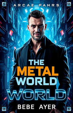 A futuristic book cover for 'The Metal World' featuring an intense and brooding man with a devilish smile, symbolizing the betrayer
