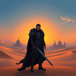 A digital painting of a heroic figure resembling Jon Snow set in a desert landscape in Iran