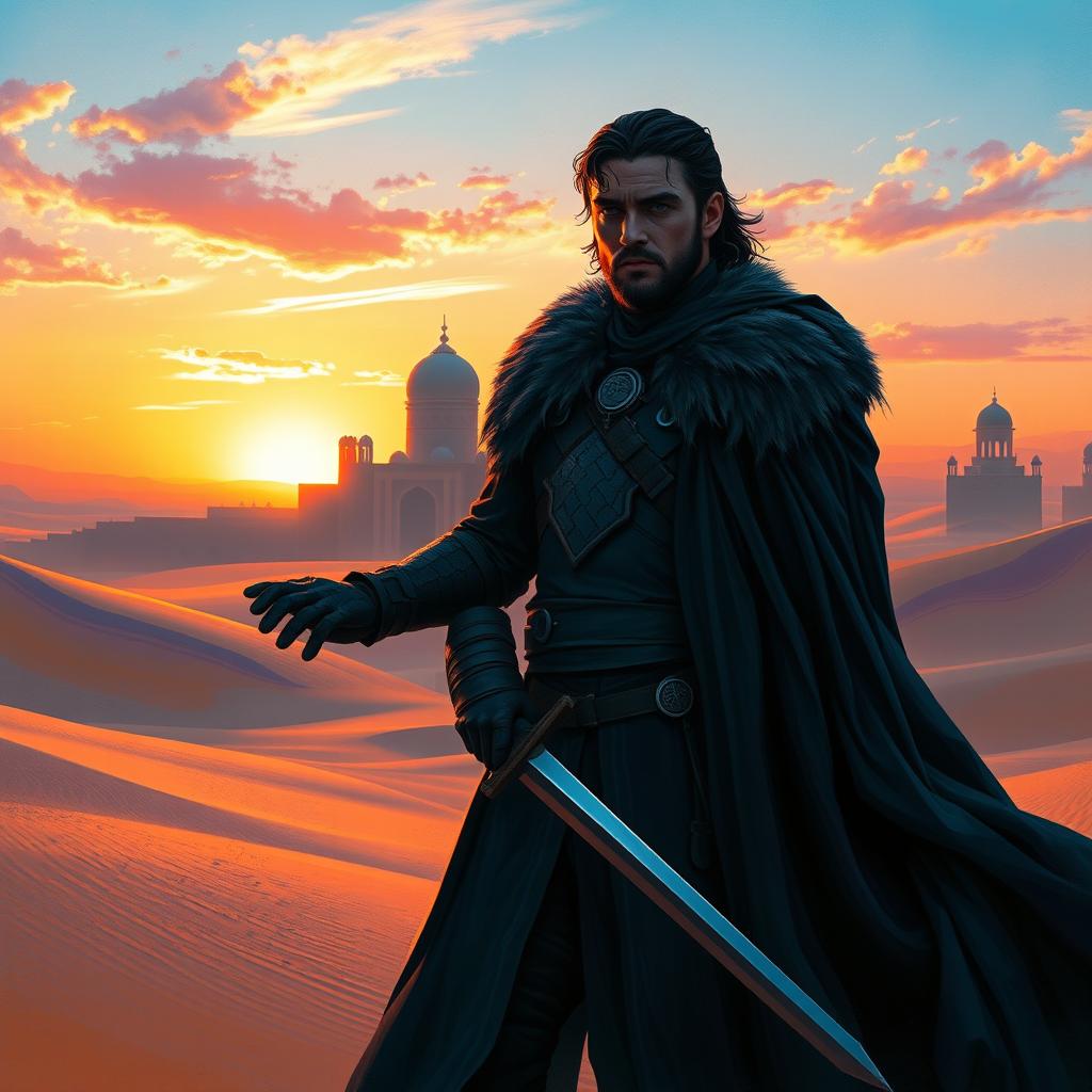 A digital painting of a heroic figure resembling Jon Snow set in a desert landscape in Iran