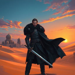 A digital painting of a heroic figure resembling Jon Snow set in a desert landscape in Iran