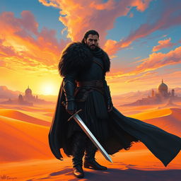 A digital painting of a heroic figure resembling Jon Snow set in a desert landscape in Iran