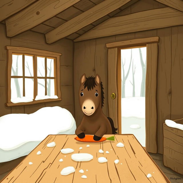 A cozy winter scene inside a warm wooden cabin without snow, where a small brown pony is adorably placing a carrot on a rustic wooden table