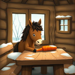 A cozy winter scene inside a warm wooden cabin without snow, where a small brown pony is adorably placing a carrot on a rustic wooden table
