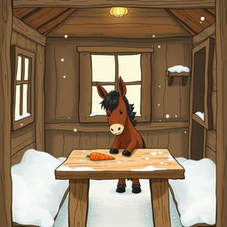 A cozy winter scene inside a warm wooden cabin without snow, where a small brown pony is adorably placing a carrot on a rustic wooden table