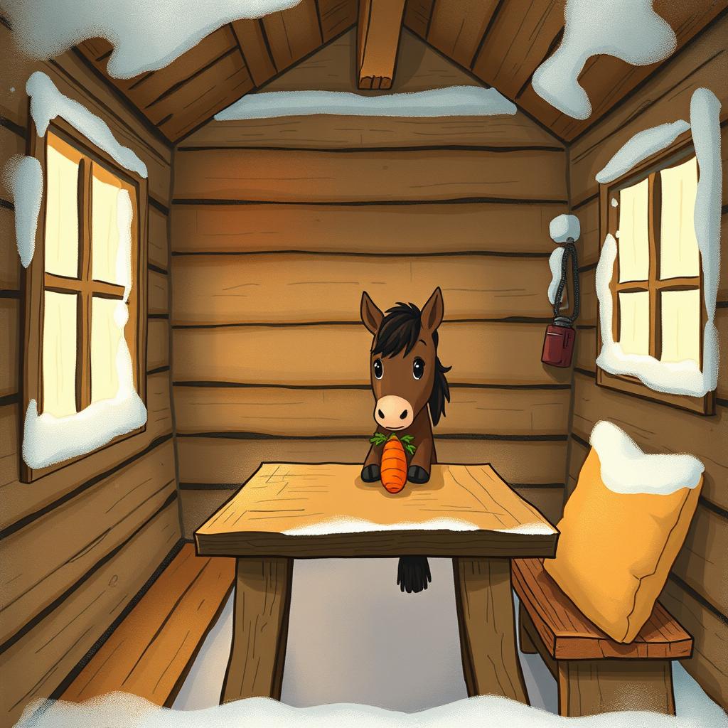 A cozy winter scene inside a warm wooden cabin without snow, where a small brown pony is adorably placing a carrot on a rustic wooden table