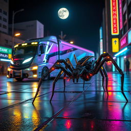 A futuristic scene featuring a cybernetic truck with a sleek, angular design, showcasing metallic textures and glowing lights