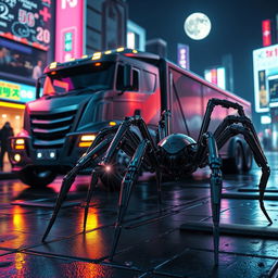A futuristic scene featuring a cybernetic truck with a sleek, angular design, showcasing metallic textures and glowing lights
