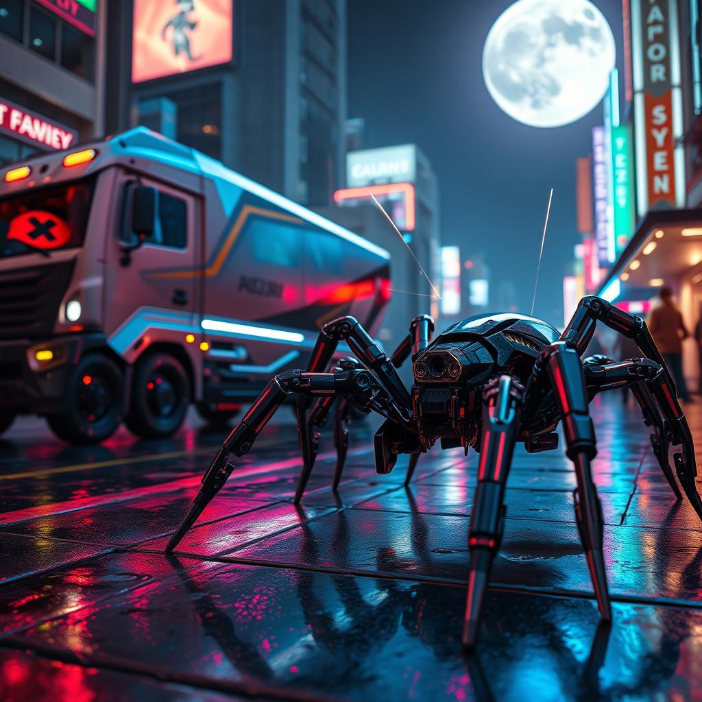 A futuristic scene featuring a cybernetic truck with a sleek, angular design, showcasing metallic textures and glowing lights