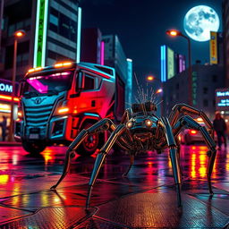A futuristic scene featuring a cybernetic truck with a sleek, angular design, showcasing metallic textures and glowing lights