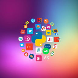 A vibrant and artistic profile photo displaying a collage of popular programming languages icons such as Python, JavaScript, Java, C++, Ruby, PHP, and HTML
