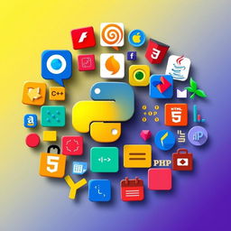 A vibrant and artistic profile photo displaying a collage of popular programming languages icons such as Python, JavaScript, Java, C++, Ruby, PHP, and HTML