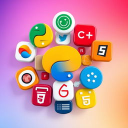 A vibrant and artistic profile photo displaying a collage of popular programming languages icons such as Python, JavaScript, Java, C++, Ruby, PHP, and HTML