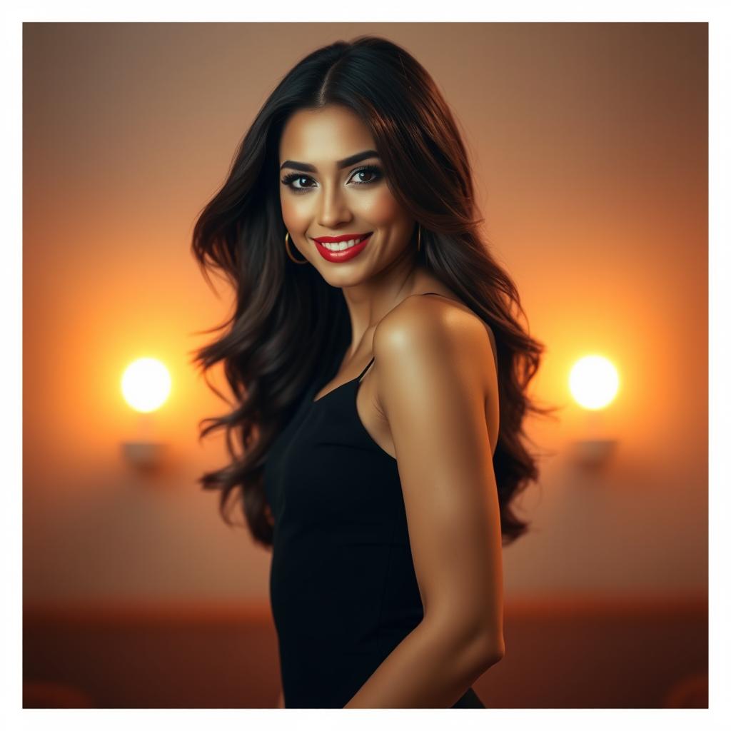 A stunning portrait of a confident and alluring woman, embodying elegance and beauty, with a playful smile