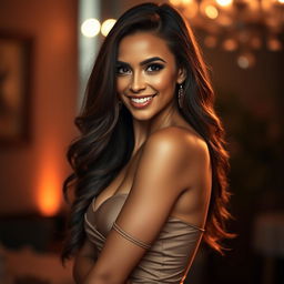A stunning portrait of a confident and alluring woman, embodying elegance and beauty, with a playful smile