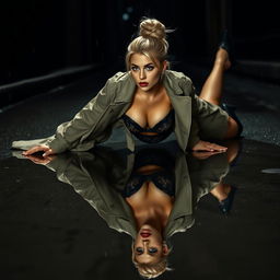 A seductive fashion shoot featuring a sexy blonde model with her hair styled in a bun and captivating blue eyes