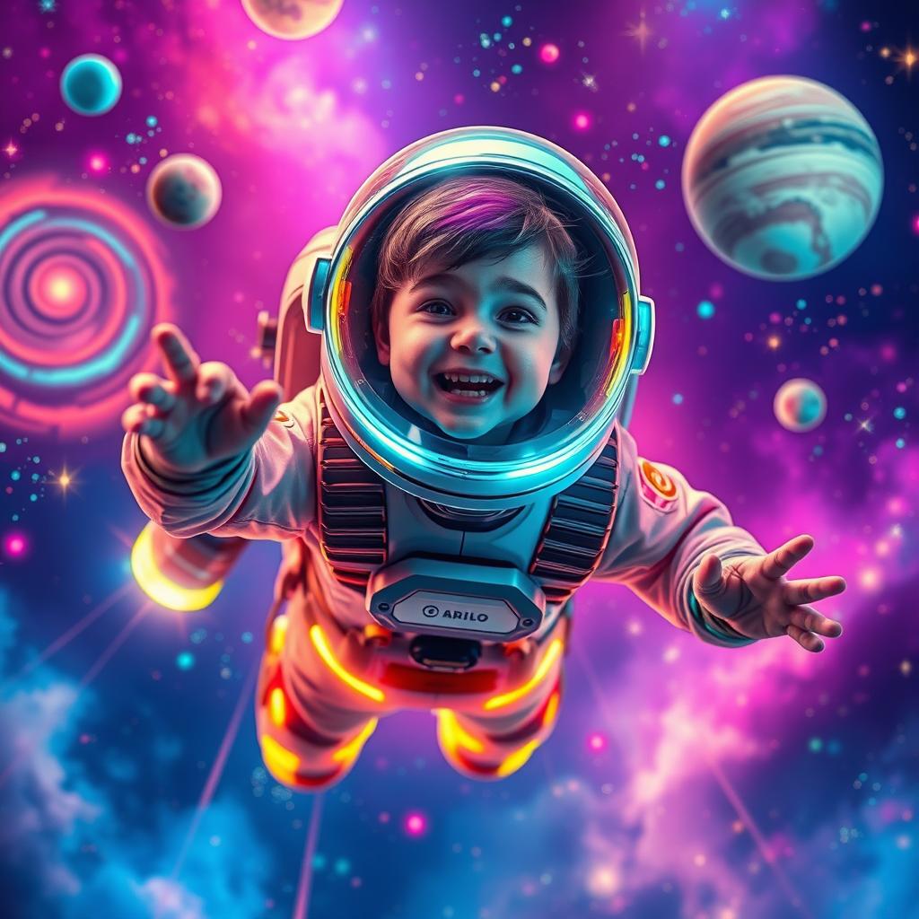 A young boy, wearing a futuristic spacesuit adorned with glowing neon accents, joyfully flying through a vibrant, neon-colored space environment