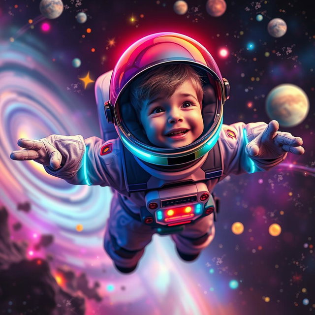 A young boy, wearing a futuristic spacesuit adorned with glowing neon accents, joyfully flying through a vibrant, neon-colored space environment