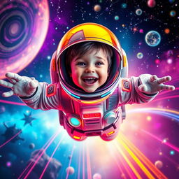 A young boy, wearing a futuristic spacesuit adorned with glowing neon accents, joyfully flying through a vibrant, neon-colored space environment