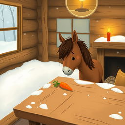A cozy winter scene inside a wooden cabin, without snow indoors, where a small brown pony is adorably placing a carrot on a rustic wooden table