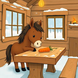 A cozy winter scene inside a wooden cabin, without snow indoors, where a small brown pony is adorably placing a carrot on a rustic wooden table