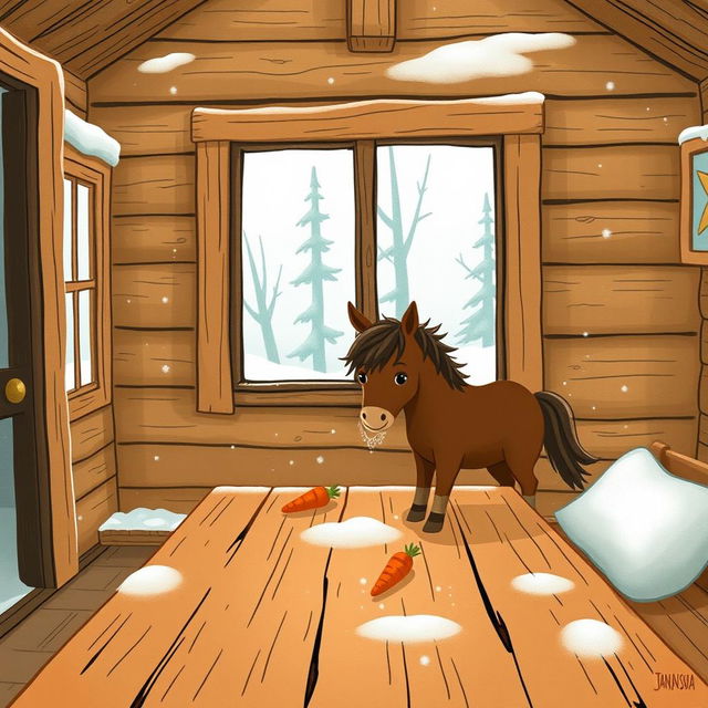 A cozy winter scene inside a wooden cabin, without snow indoors, where a small brown pony is adorably placing a carrot on a rustic wooden table