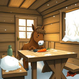 A cozy winter scene inside a wooden cabin, without snow indoors, where a small brown pony is adorably placing a carrot on a rustic wooden table