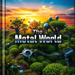 Cover design for a book titled 'The Metal World', showcasing an imaginative landscape that blends technology with nature