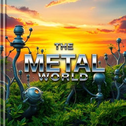 Cover design for a book titled 'The Metal World', showcasing an imaginative landscape that blends technology with nature