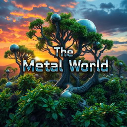 Cover design for a book titled 'The Metal World', showcasing an imaginative landscape that blends technology with nature