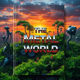 Cover design for a book titled 'The Metal World', showcasing an imaginative landscape that blends technology with nature
