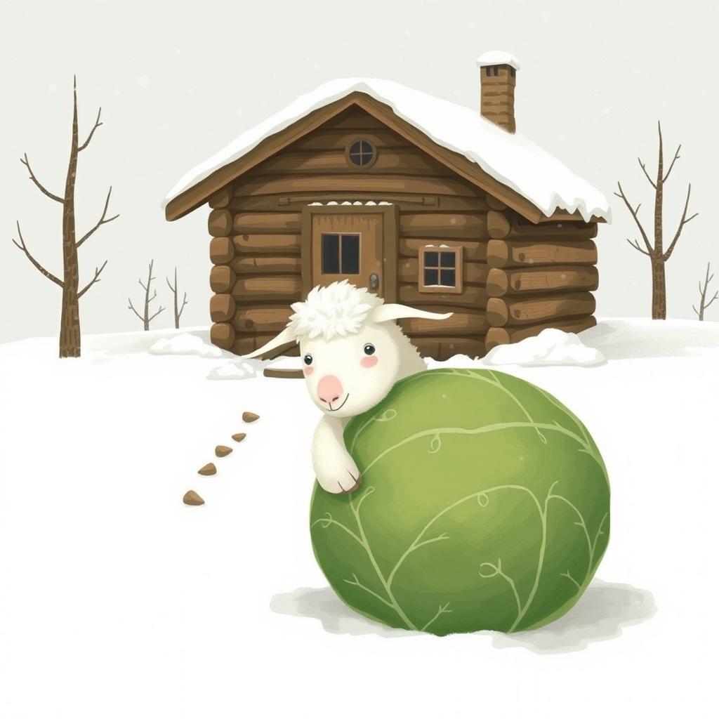 In a winter scene, a cozy wooden cabin sits surrounded by pristine white snow