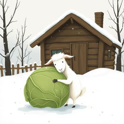 In a winter scene, a cozy wooden cabin sits surrounded by pristine white snow